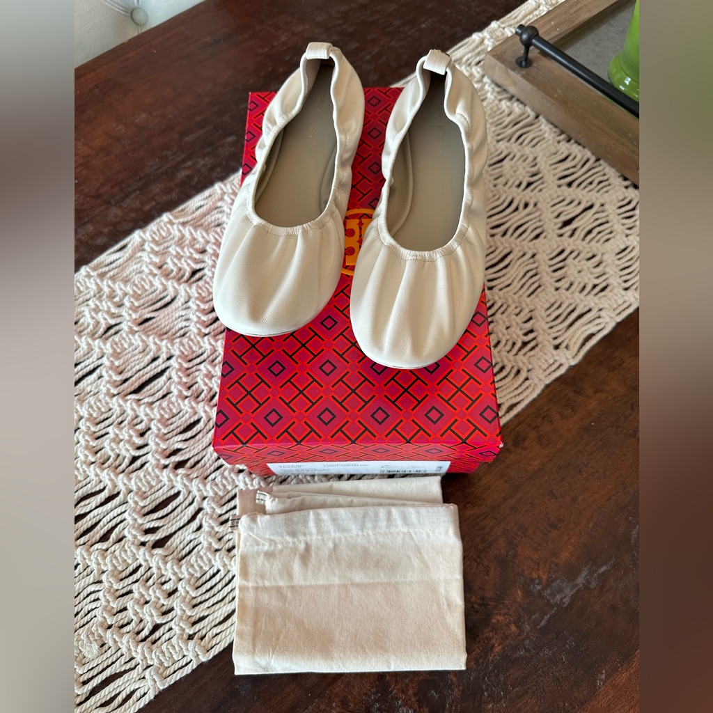 Tory Burch Eddie Ballet 2.0 Flat In Nappa Leather - Cream - 8 1/2 - New In Box